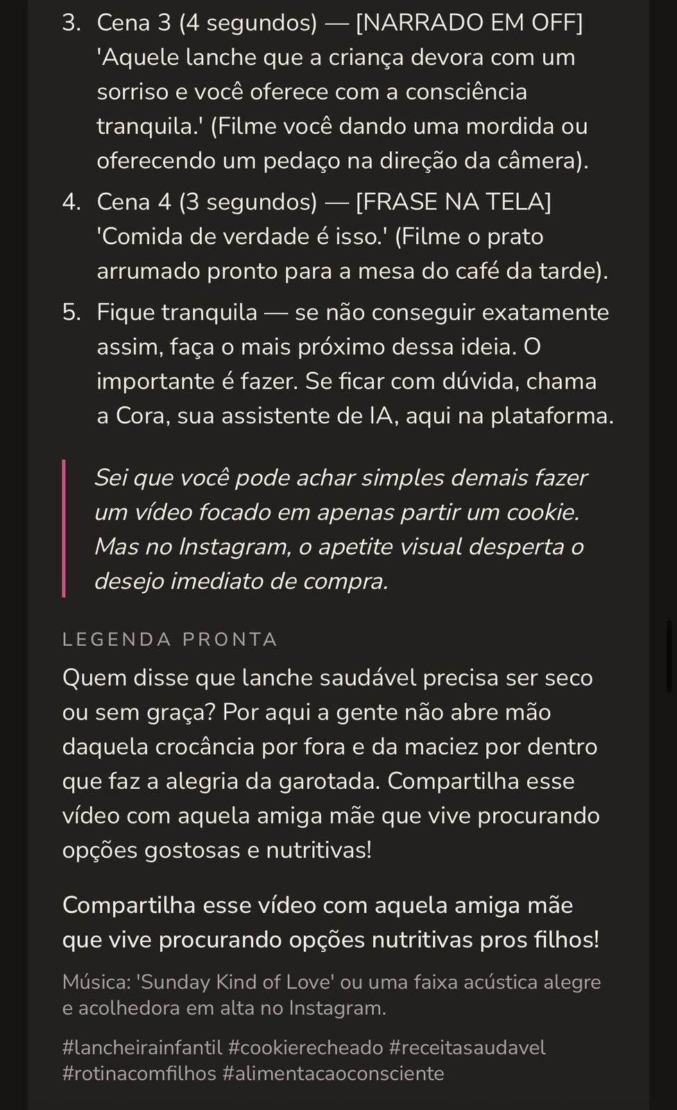 Print da legenda pronta com hashtags e sugestão de música do post do Dia 4