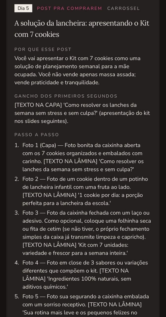 Print do planejamento gerado, com o post do Dia 5 apresentando o Kit com 7 cookies