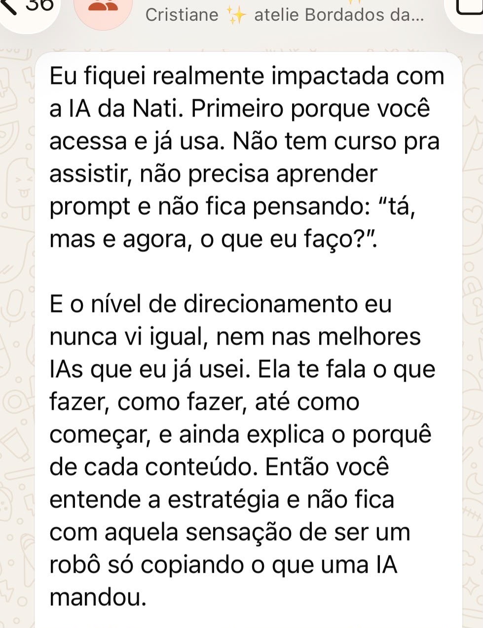 Print da mensagem da Cristiane, do ateliê Bordados da Cris: ela conta que ficou impactada com a IA da Nati, que não tem curso para assistir e não precisa aprender prompt, e que o nível de direcionamento explica o porquê de cada conteúdo