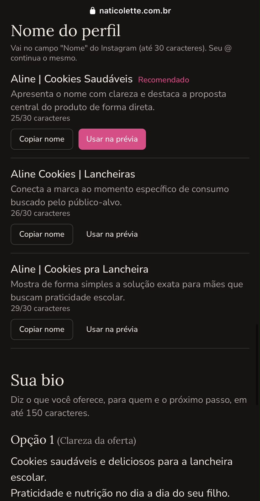 Print das sugestões de nome do perfil, como Aline | Cookies Saudáveis, e início da bio
