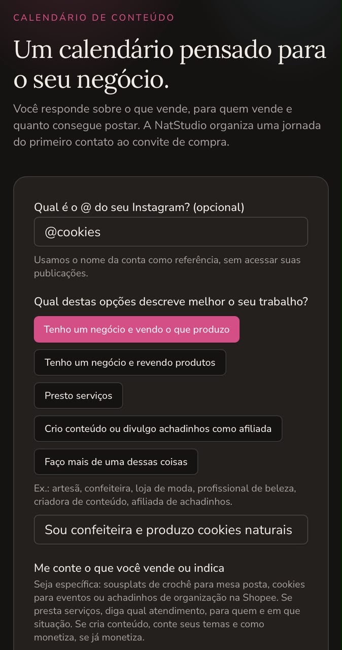 Print do início do questionário do calendário, com o título Um calendário pensado para o seu negócio