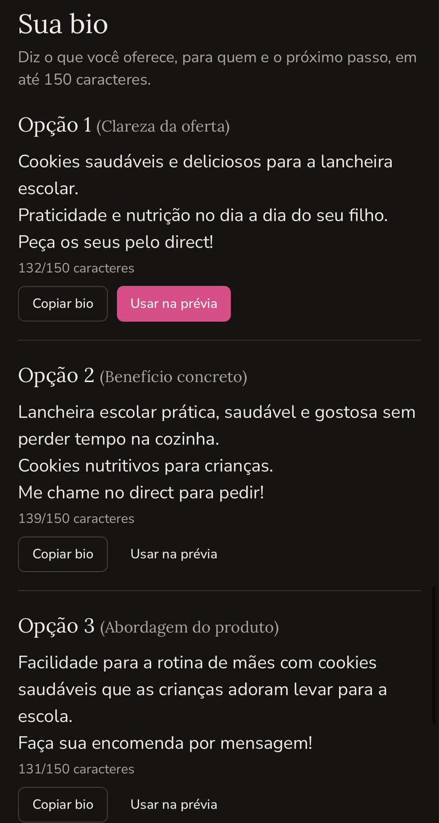 Print das três opções de bio geradas pela NatStudio para cookies da lancheira
