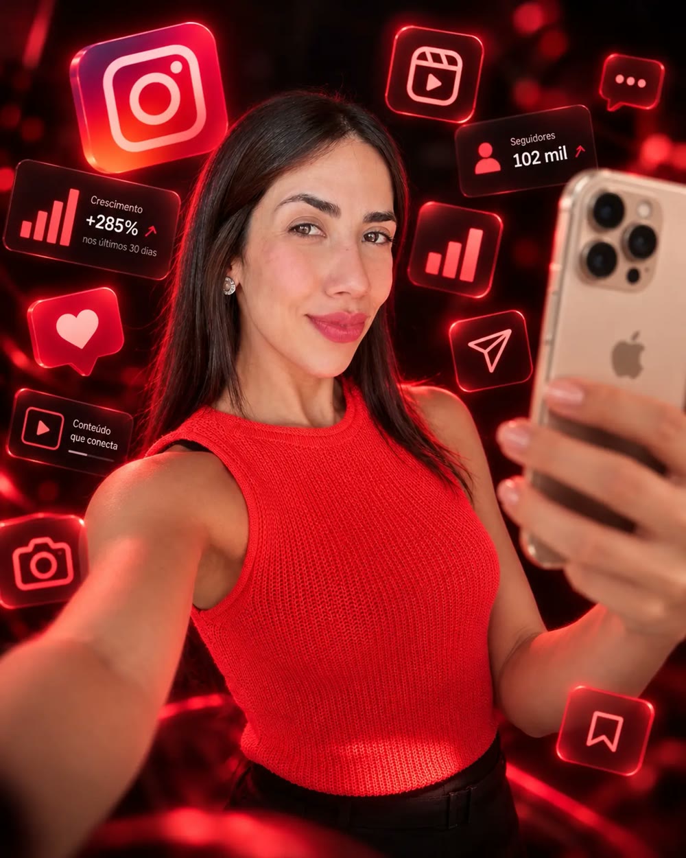 Nati Colette fazendo uma selfie com o celular, com ícones do Instagram em vermelho ao fundo