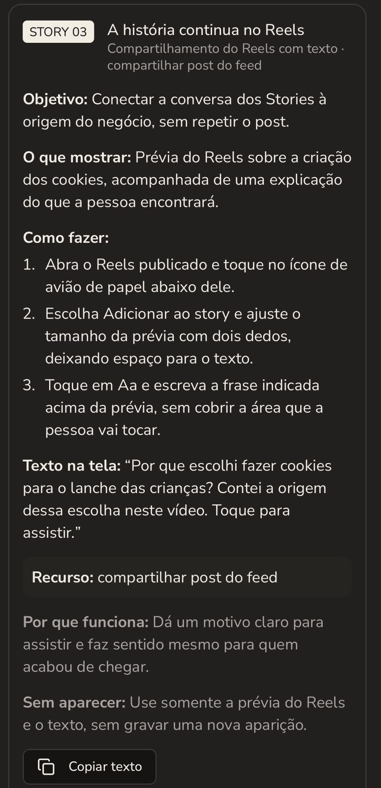 Print do Story 03: A história continua no Reels, compartilhando o Reels com texto